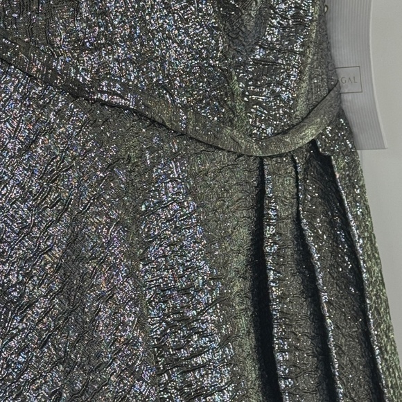 Mac Duggal Style #67906 One Shoulder Bow Midi Dress Brocade Metallic Silver - Picture 7 of 13